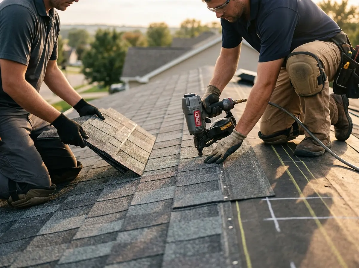Professional roofer working on a residential roof in Hallsville